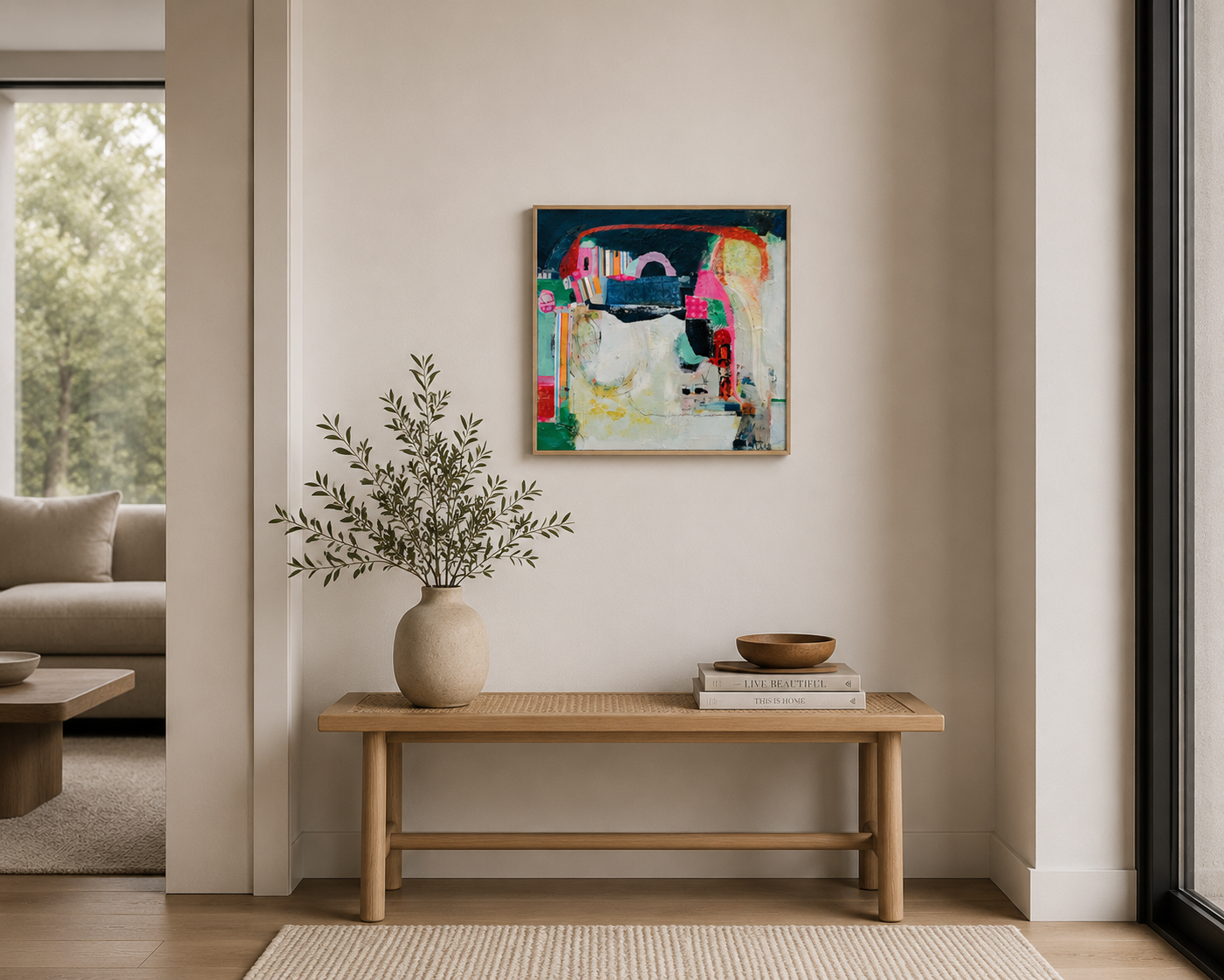 A wooden console table with a beige vase containing greenery, a wooden bowl, and three books, against a white wall with a colorful abstract painting, in a modern living room.
