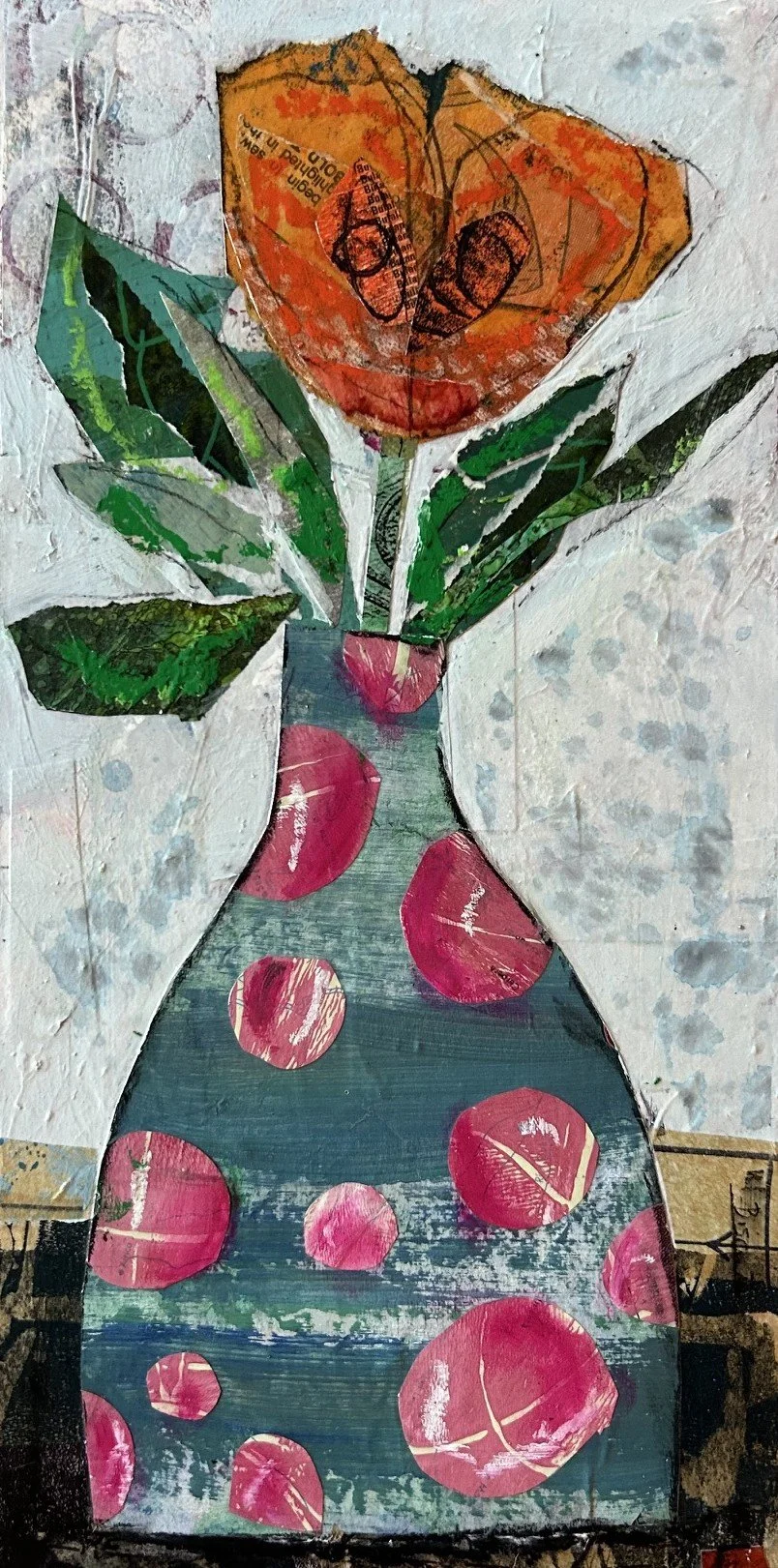"Orange Flower in Pink Polka Dotted Vase" (12" x 6") 