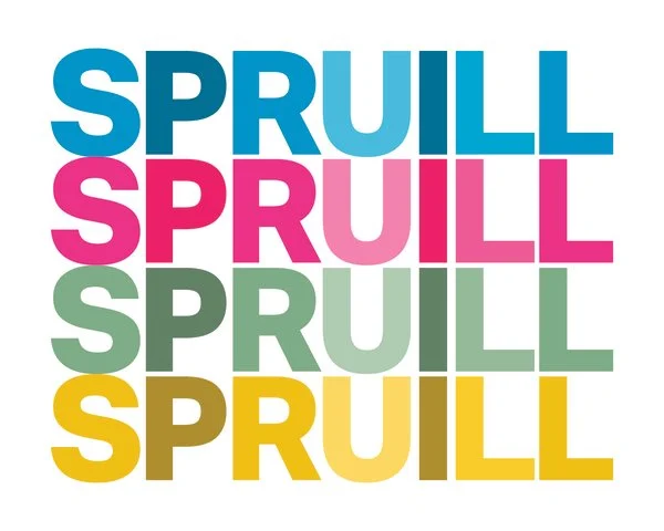The word "SPRUIL" written five times in different colors: blue, pink, green, and yellow, in a stacked arrangement.