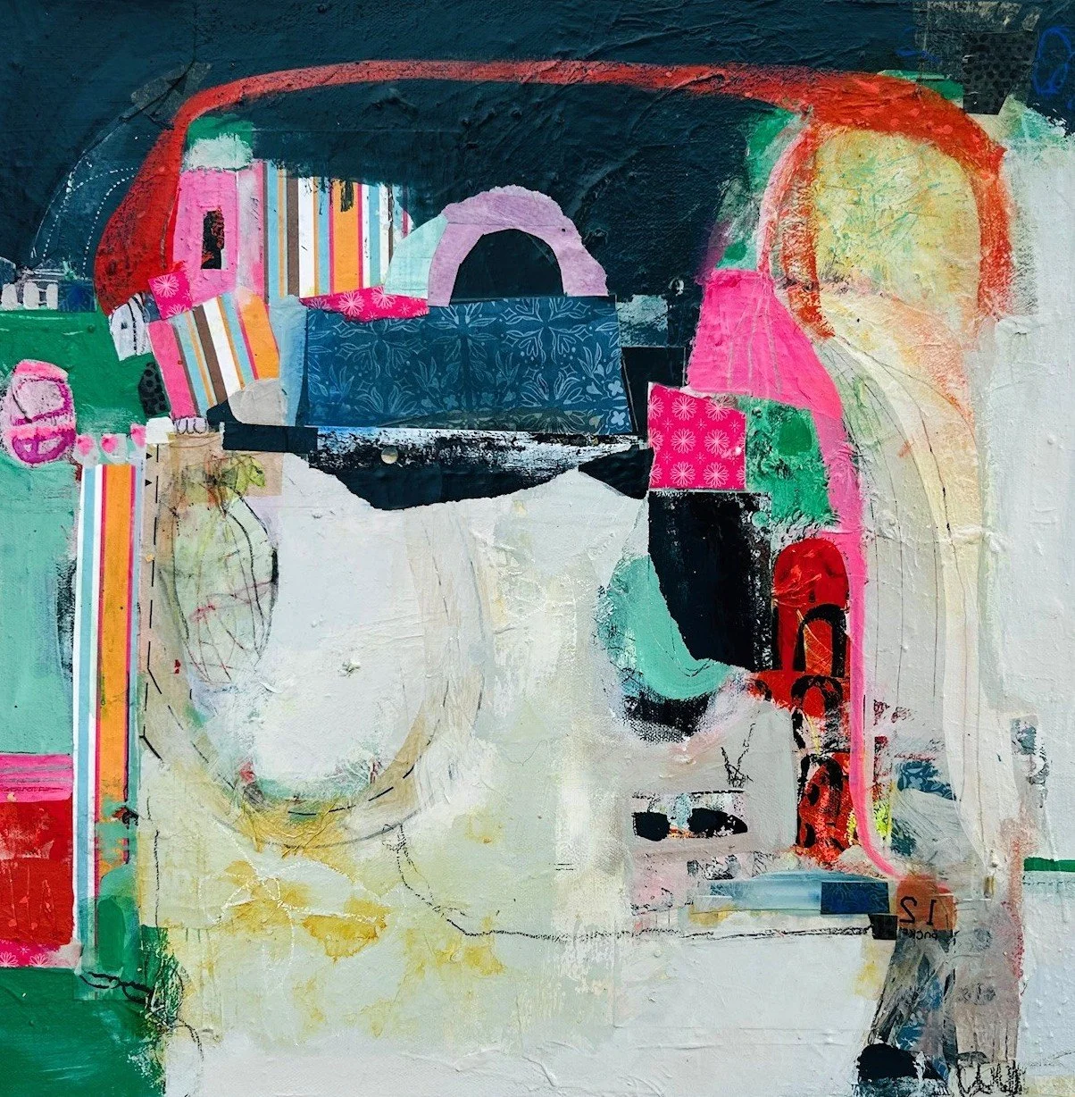 Abstract mixed media artwork with bright colors, geometric shapes, textures, and layered collage elements.