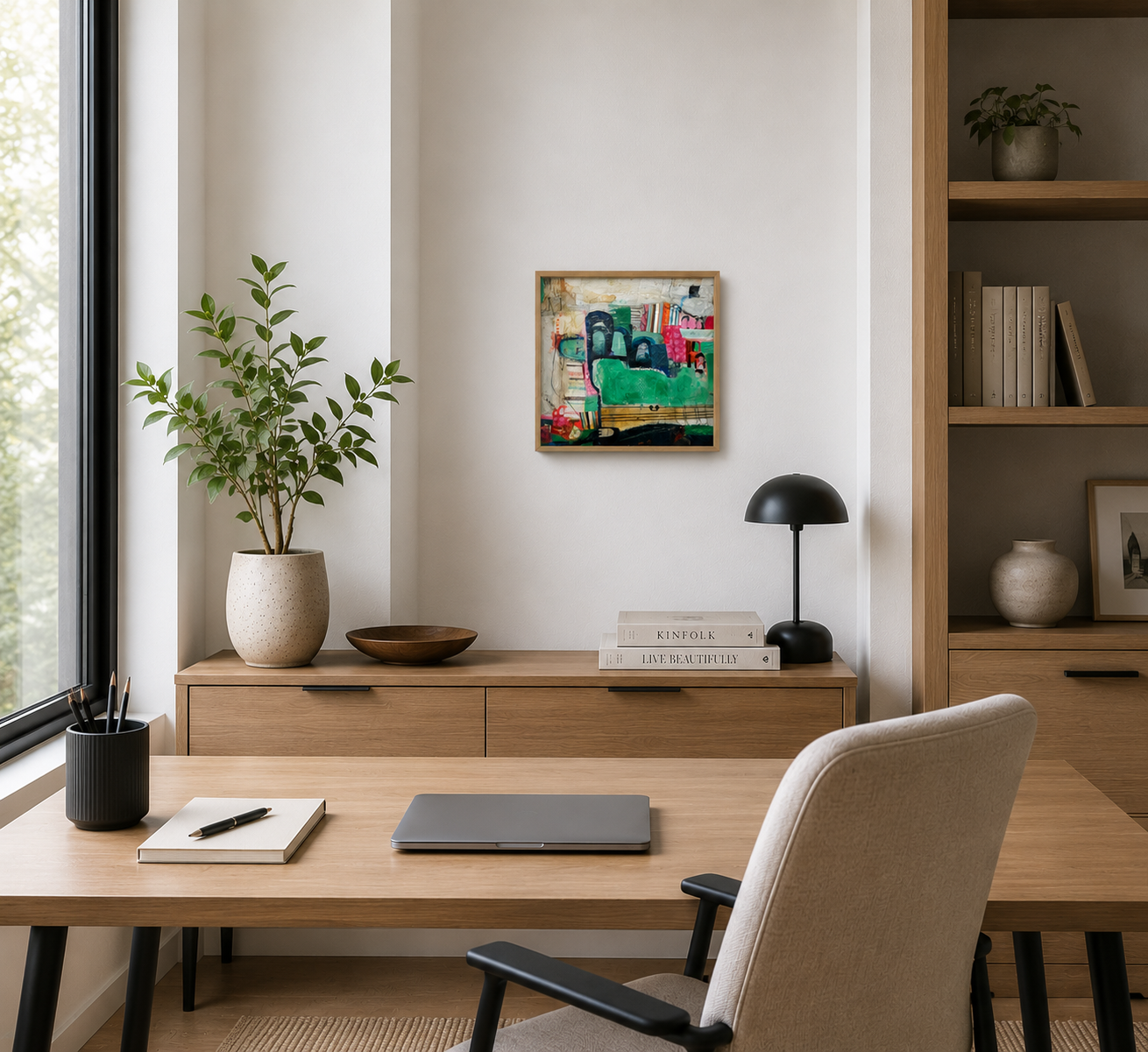 Modern home office with a wooden desk, beige office chair, potted plant, desk lamp, books, laptop, pen, and notebooks, with a colorful abstract painting on the wall and a wooden bookshelf with decorative items and books.