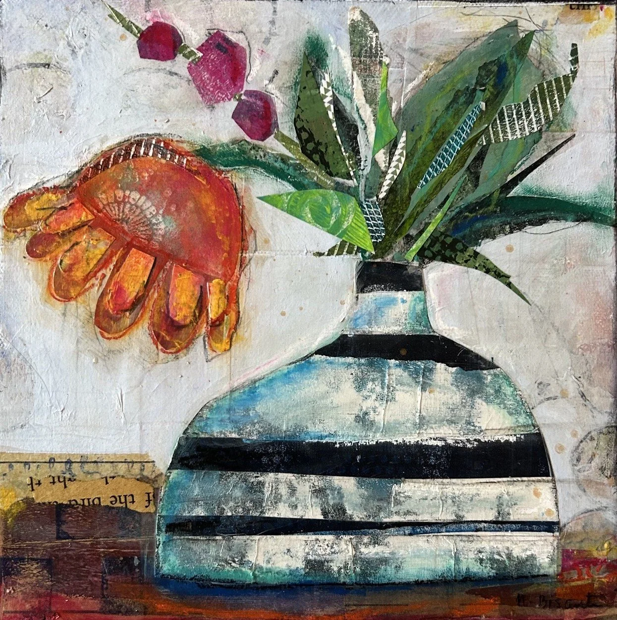 "Orange Flower with Three Pink Berries" (10" x 10")