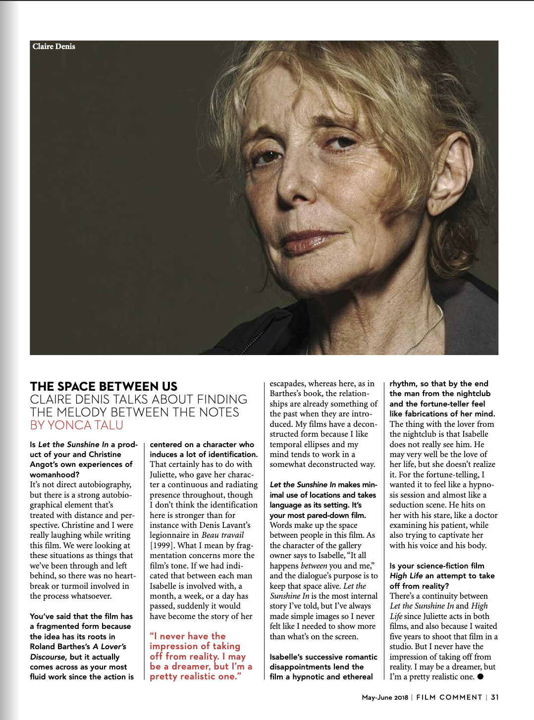 Film Comment: Interview with Claire Denis (Print) — click on the image to read