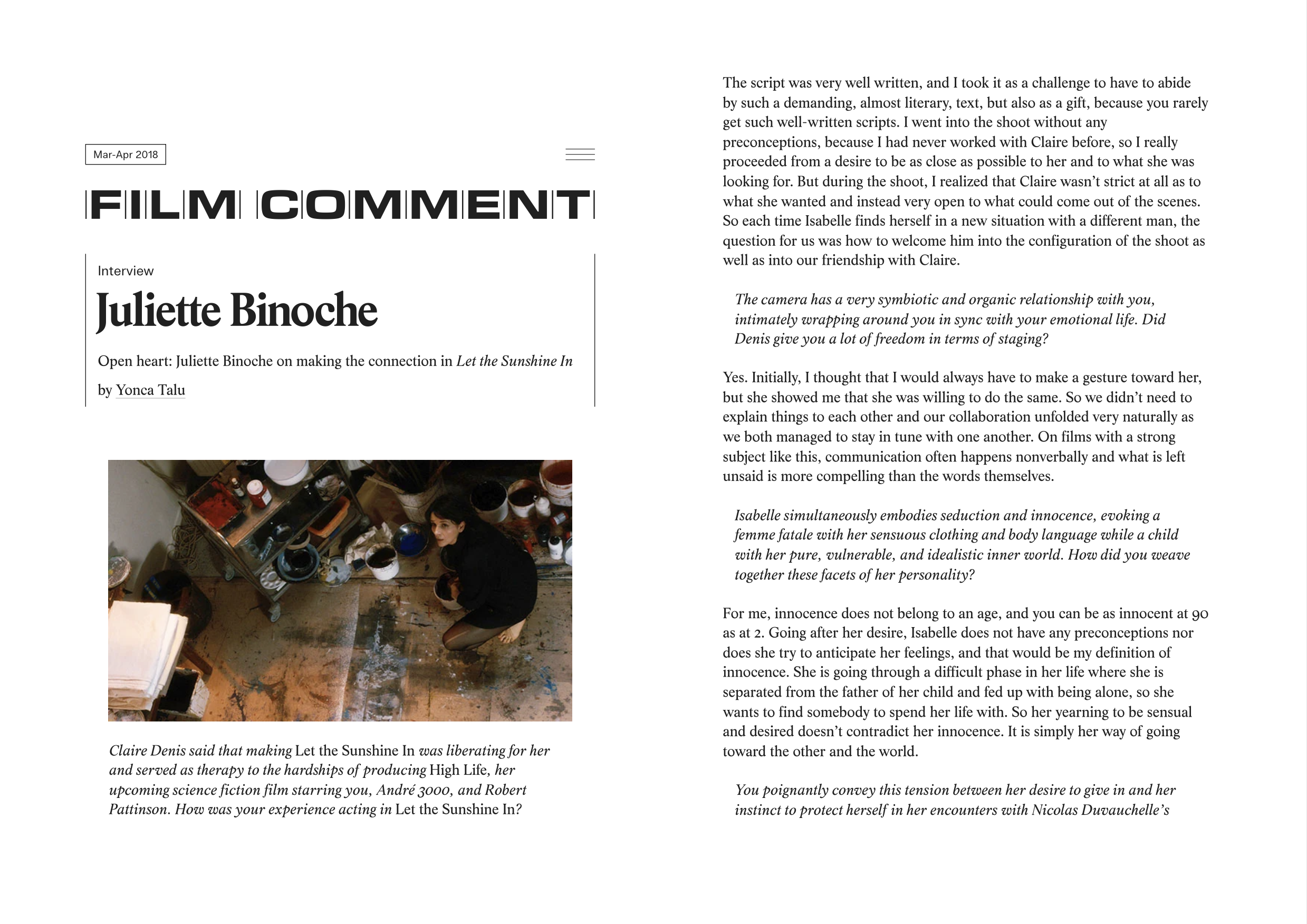 Film Comment: Interview with Juliette Binoche (Online & Print) — click on the image to read