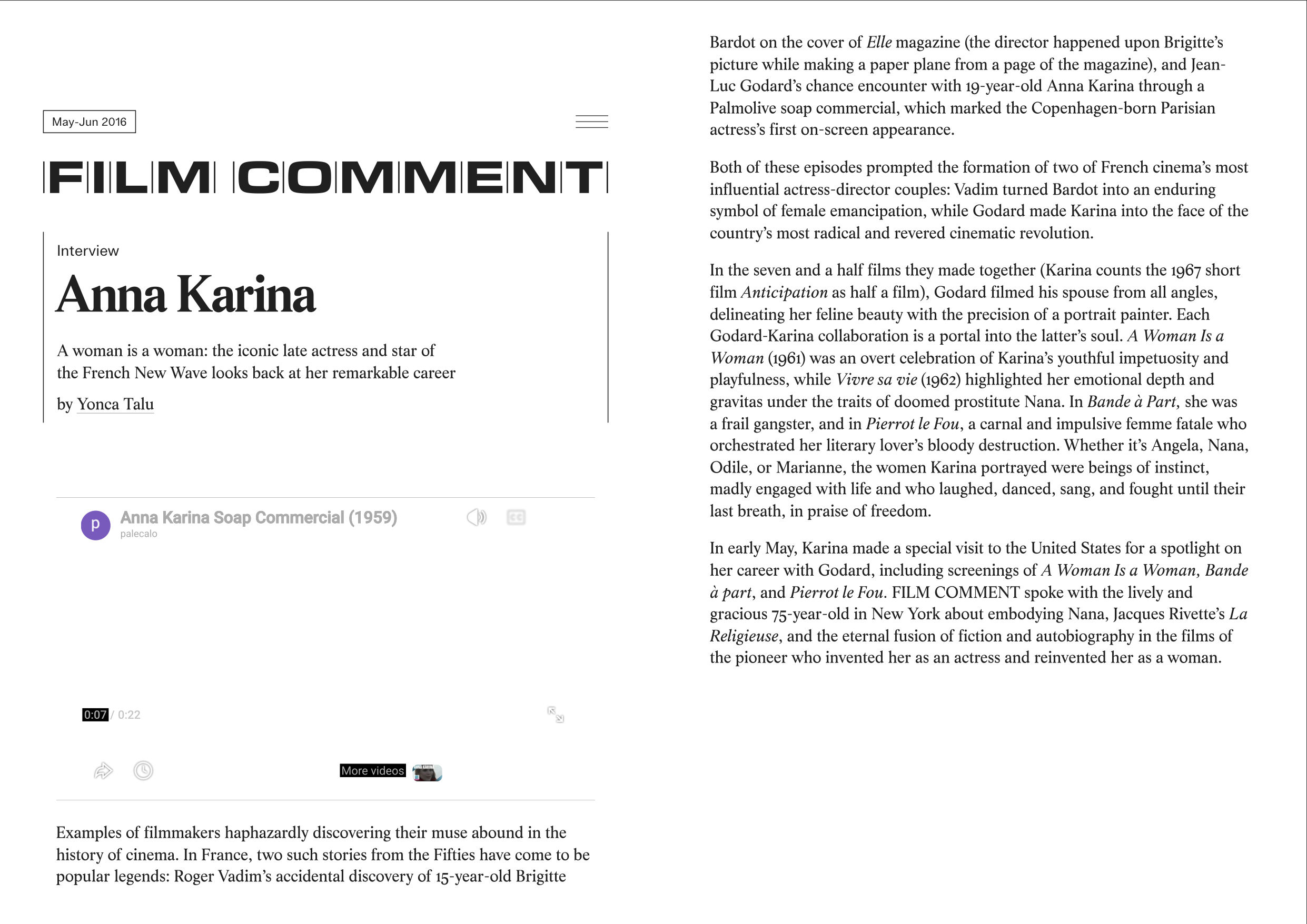 Film Comment: Interview with Anna Karina (Online) — click on the image to read