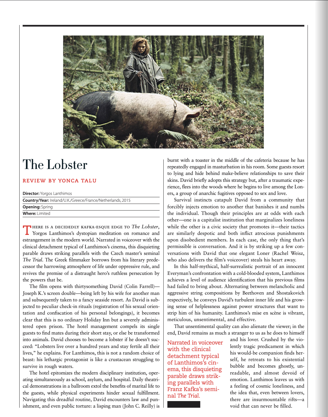 Film Comment: The Lobster Review (Print) — click on the image to read