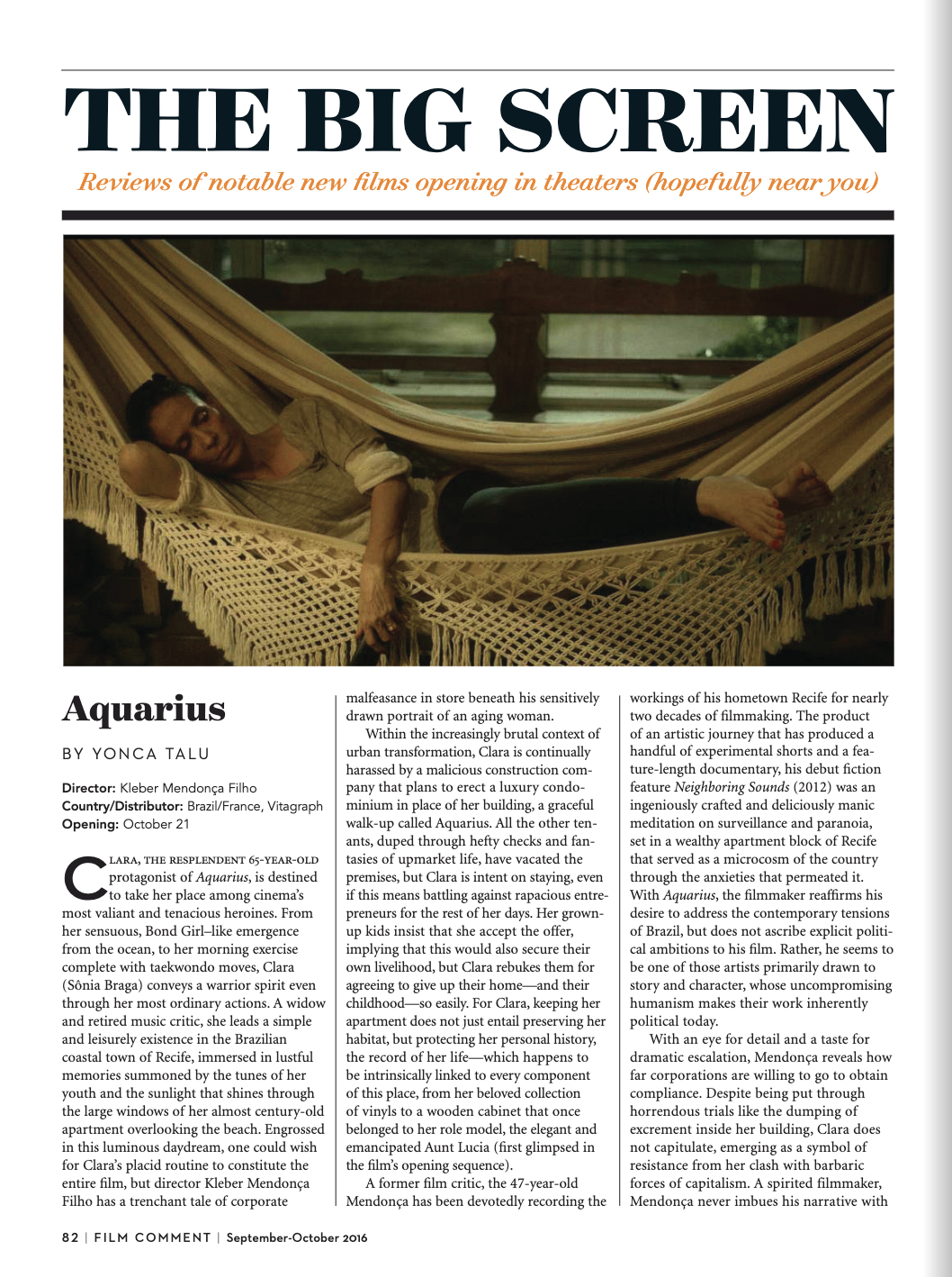 Film Comment: Aquarius Review (Print) — click on the image to read