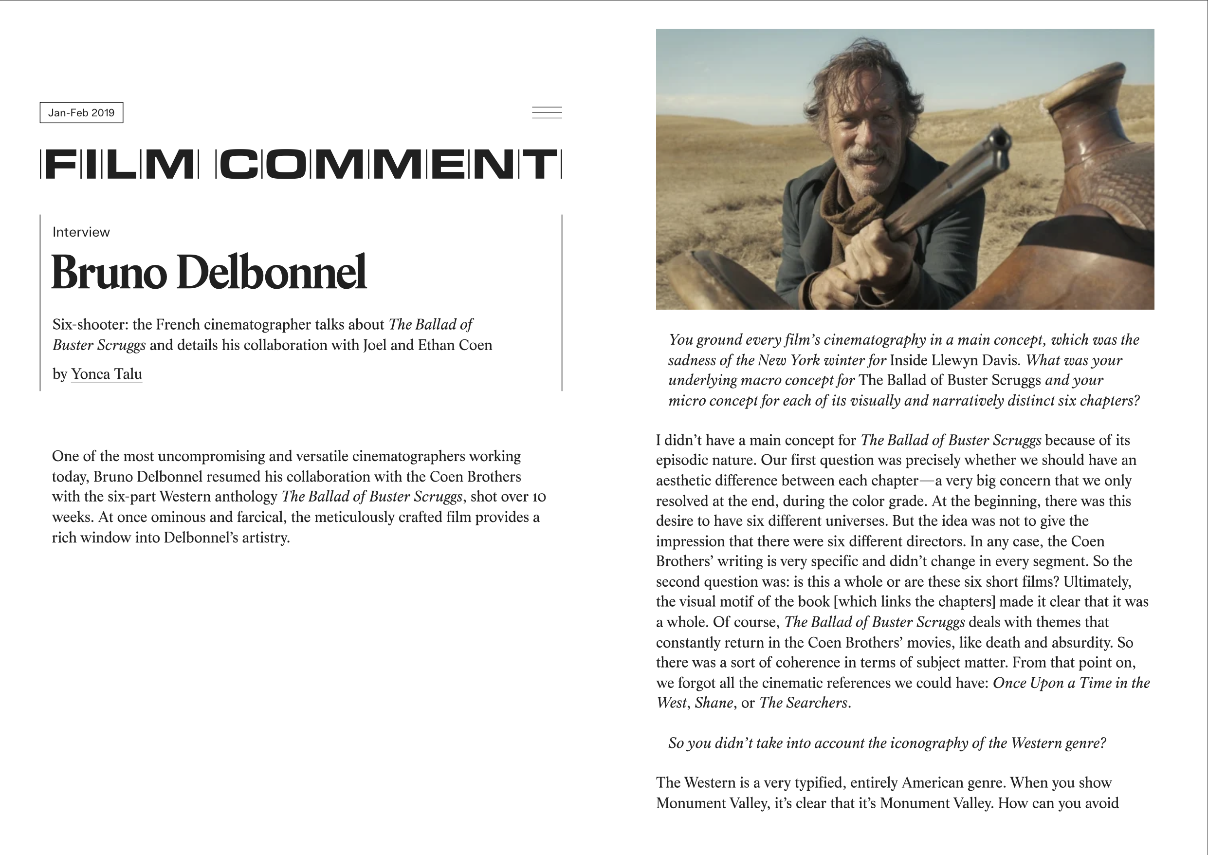Film Comment: Interview with Bruno Delbonnel (Online & Print) — click on the image to read