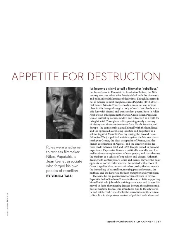 Film Comment: Feature on Nikos "Nico" Papatakis (Print) — click on the image to read