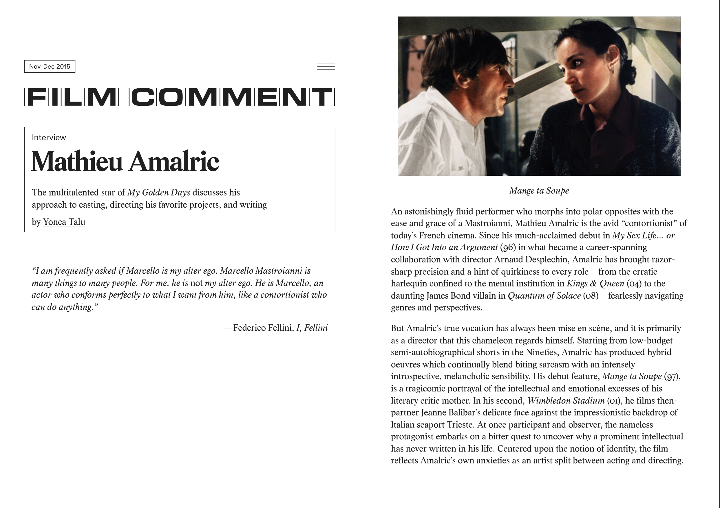 Film Comment: Interview with Mathieu Amalric (Online) — click on the image to read