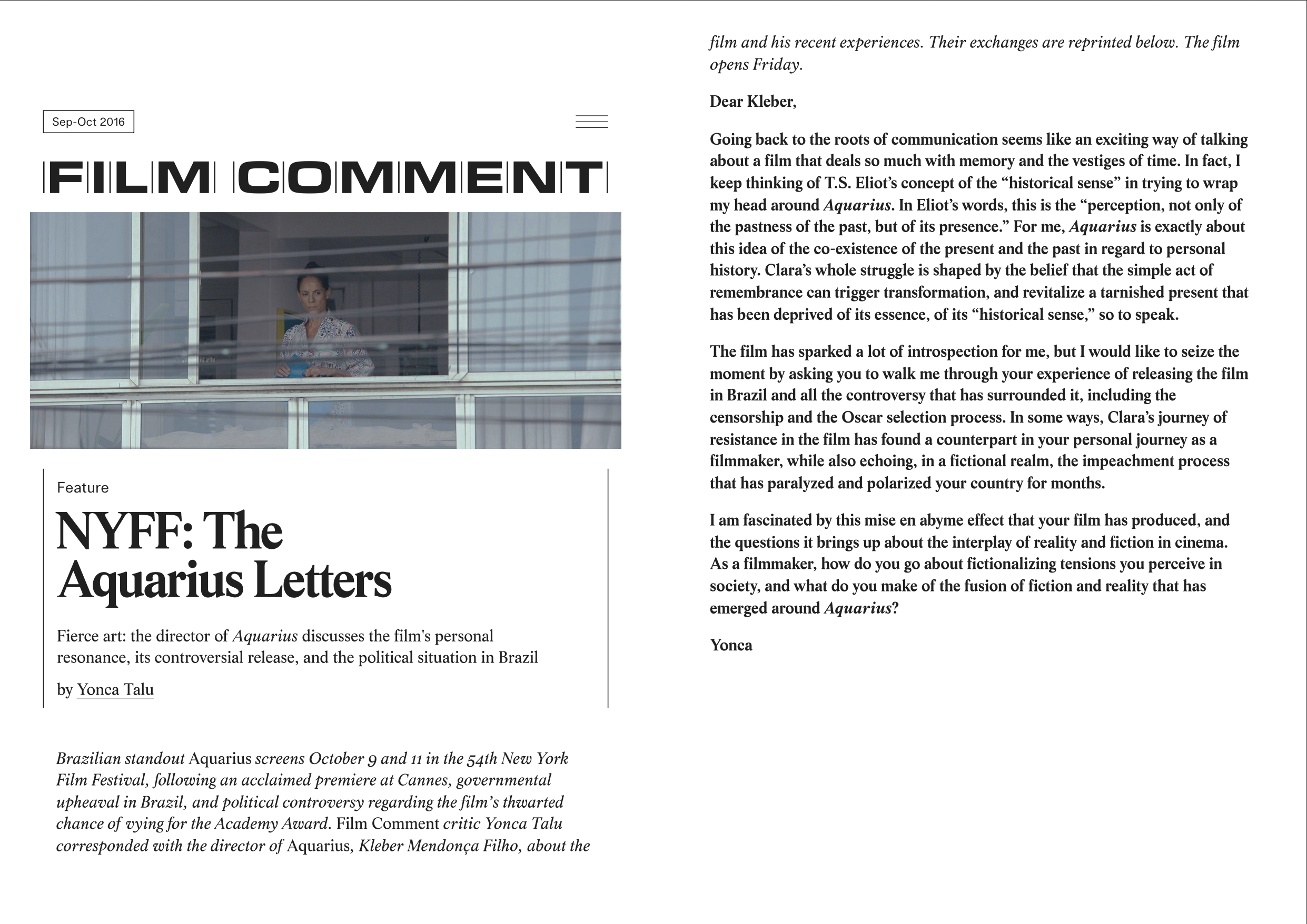Film Comment: Epistolary exchange with Kleber Mendonça Filho (Online) — click on the image to read