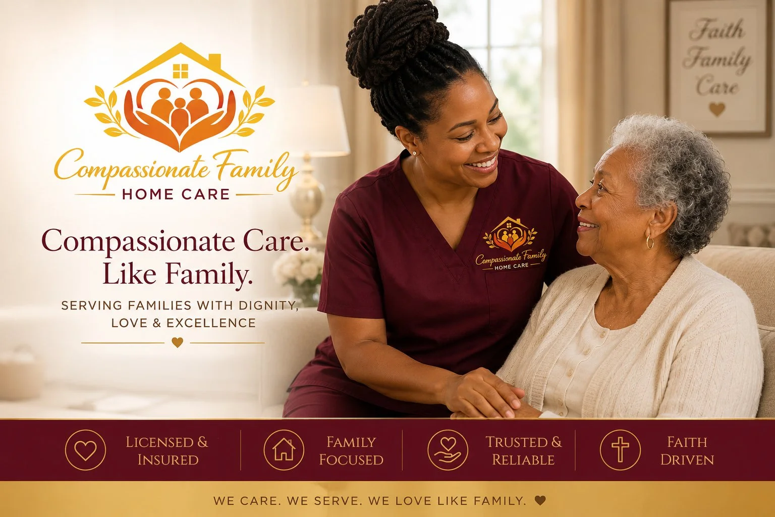 Caregiver providing companionship to elderly woman at home in Dallas