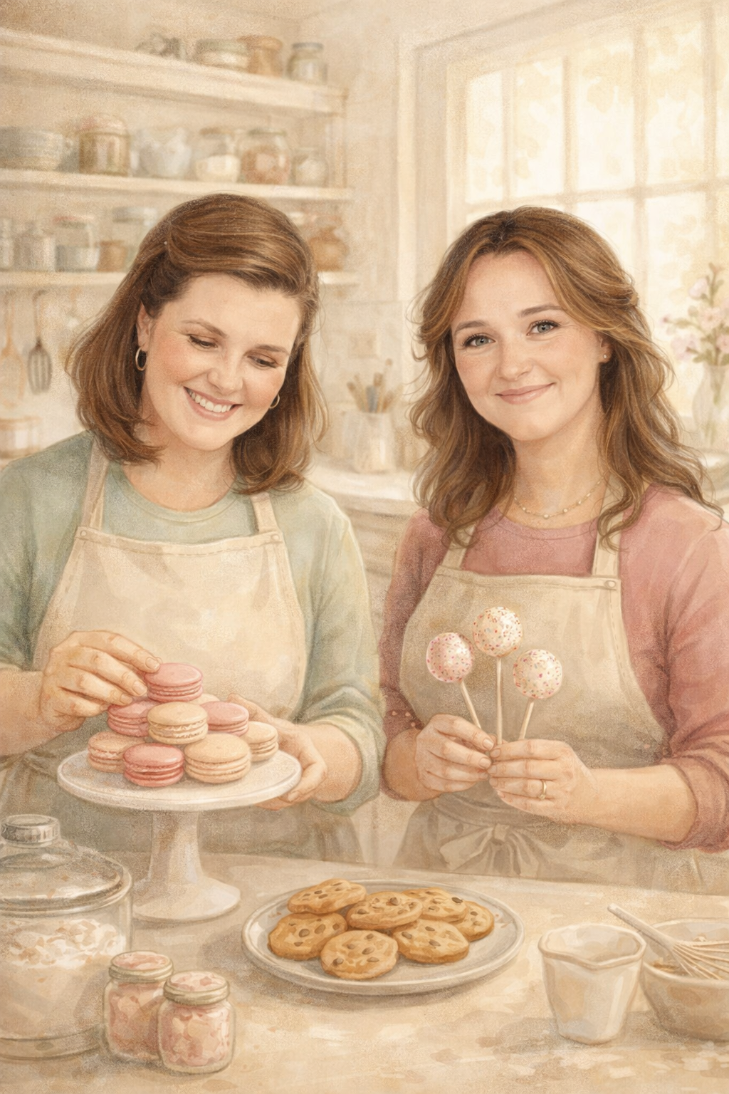 A graphic of Candace and Rebecca of Belle and Butter Baking Company, in their kitchen. Candace is placing macarons on a pedestal stand and Rebecca is holding a bouquet of cake pops.
