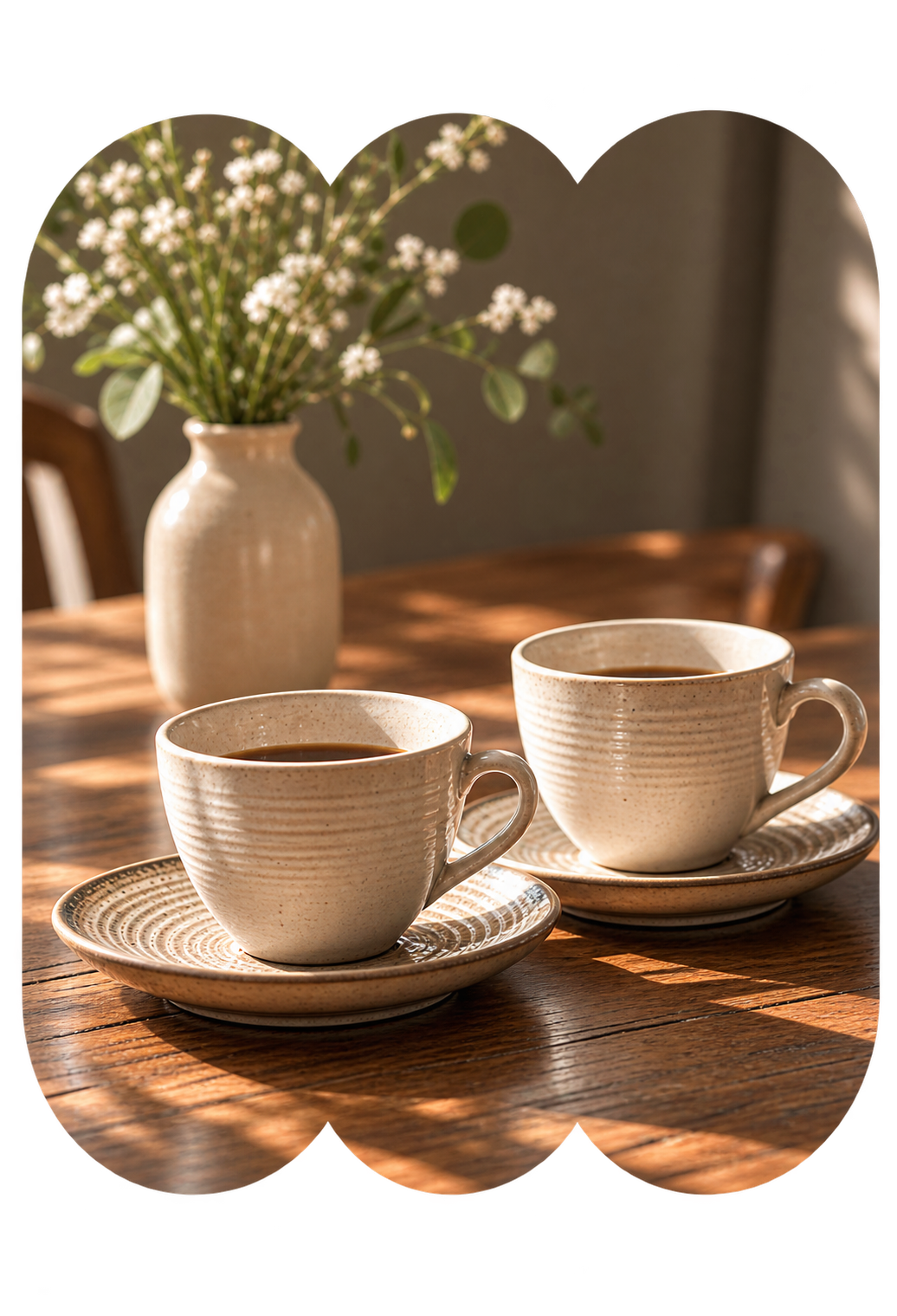 Two beige ceramic cups filled with coffee sit on matching saucers on a wooden table. In the background, there is a vase with white flowers and green leaves.