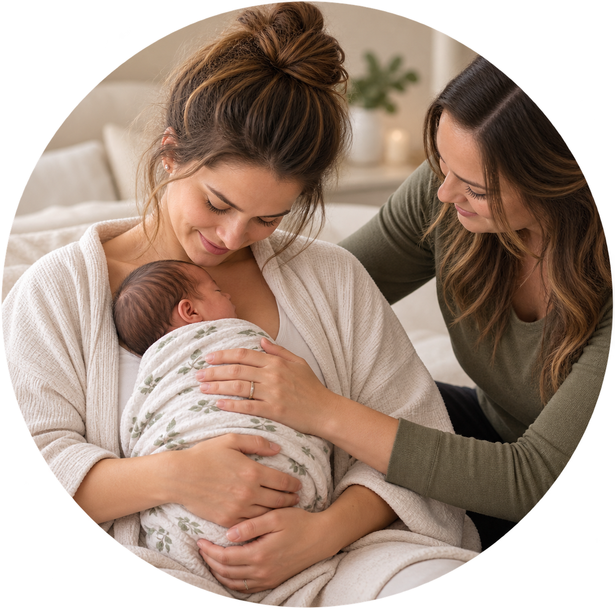 New mother cradling her newborn baby while receiving gentle, hands-on postpartum doula support at home.