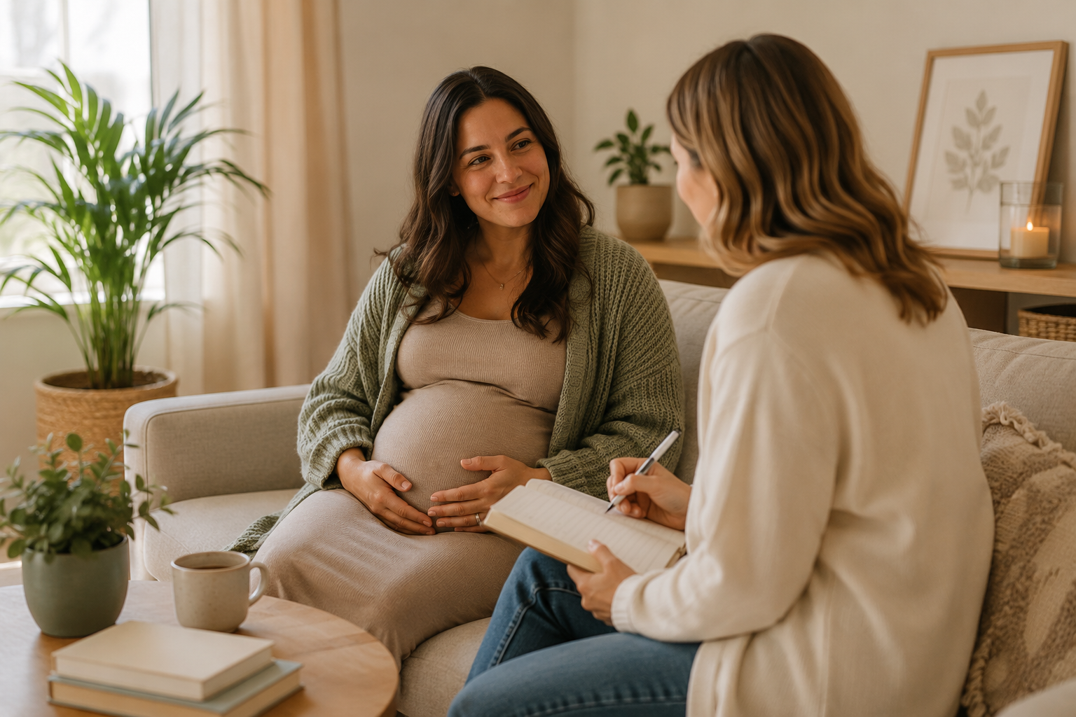 Pregnant parent speaking with a doula during an in-home prenatal support visit.