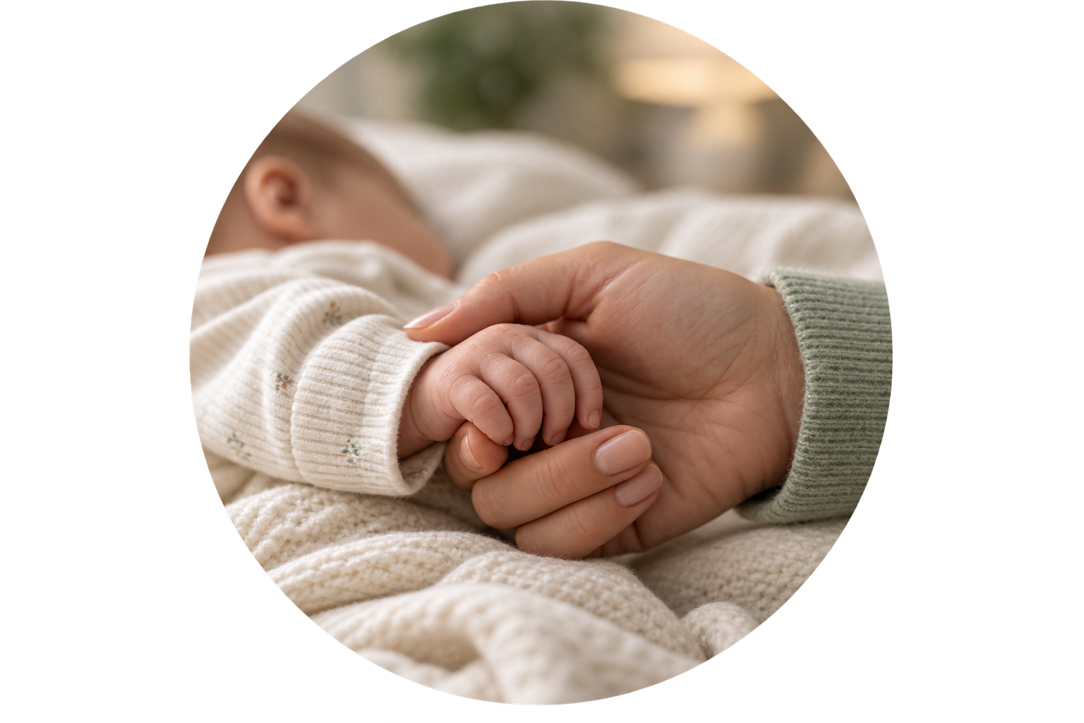 Close-up of a newborn baby's hand gently holding an adult's finger, reflecting the nurturing care and connection of postpartum doula support.