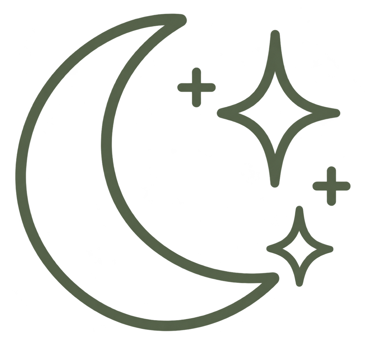 Crescent moon and stars icon representing overnight postpartum doula support, newborn care and restful sleep.