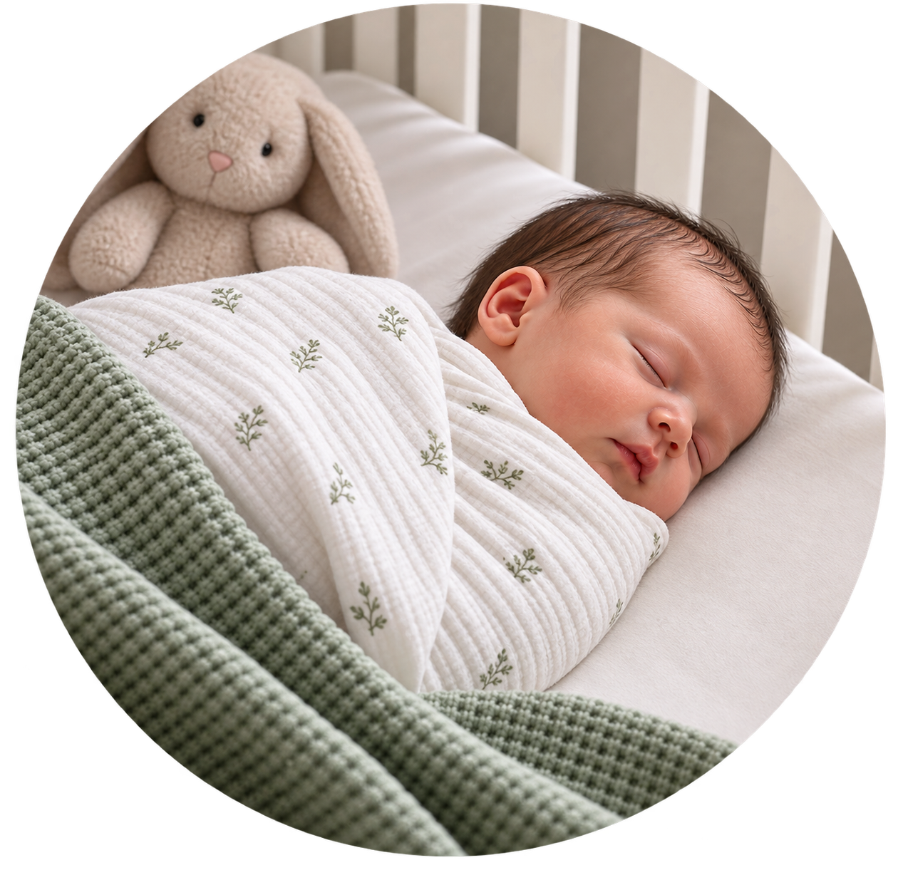 Newborn baby sleeping peacefully in a white swaddle with sage-green details, reflecting gentle newborn care and postpartum doula support.