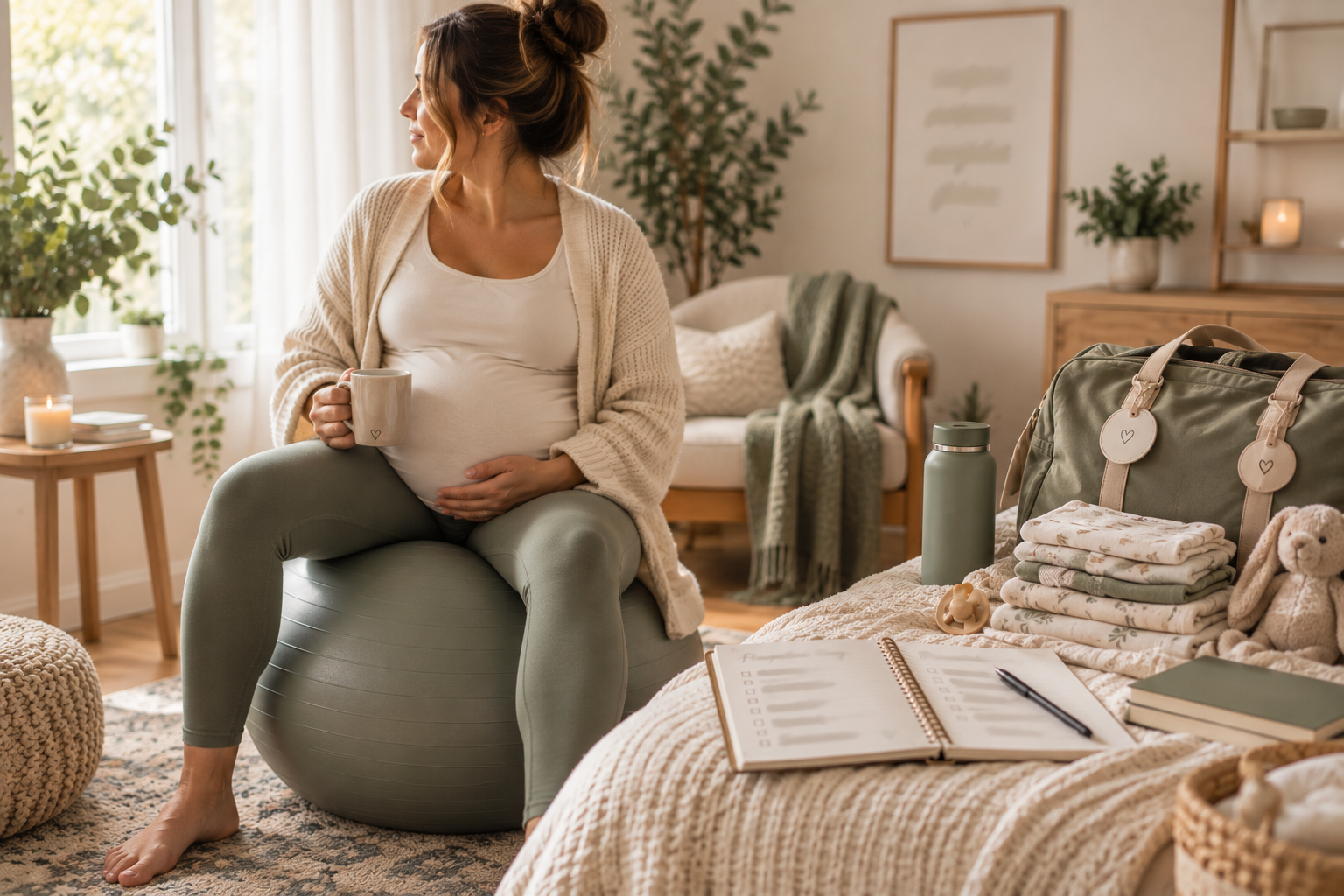 Pregnant woman preparing for birth at home with a birth ball and hospital bag.