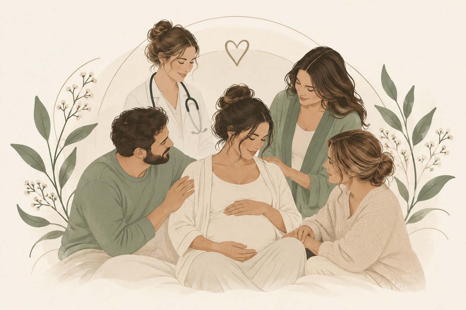 Illustration of a pregnant woman surrounded by her partner, healthcare provider, doula and support team.