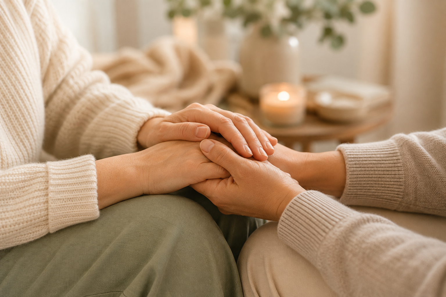 Close-up of one person gently holding another's hands, reflecting compassionate emotional support during pregnancy or infant loss.