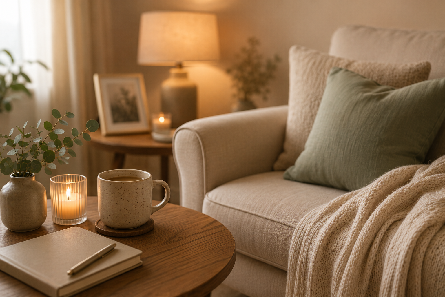 A warm, peaceful living room with a comfortable sofa, soft lighting and a cup of tea, reflecting a welcoming space for compassionate doula support during pregnancy or infant loss.