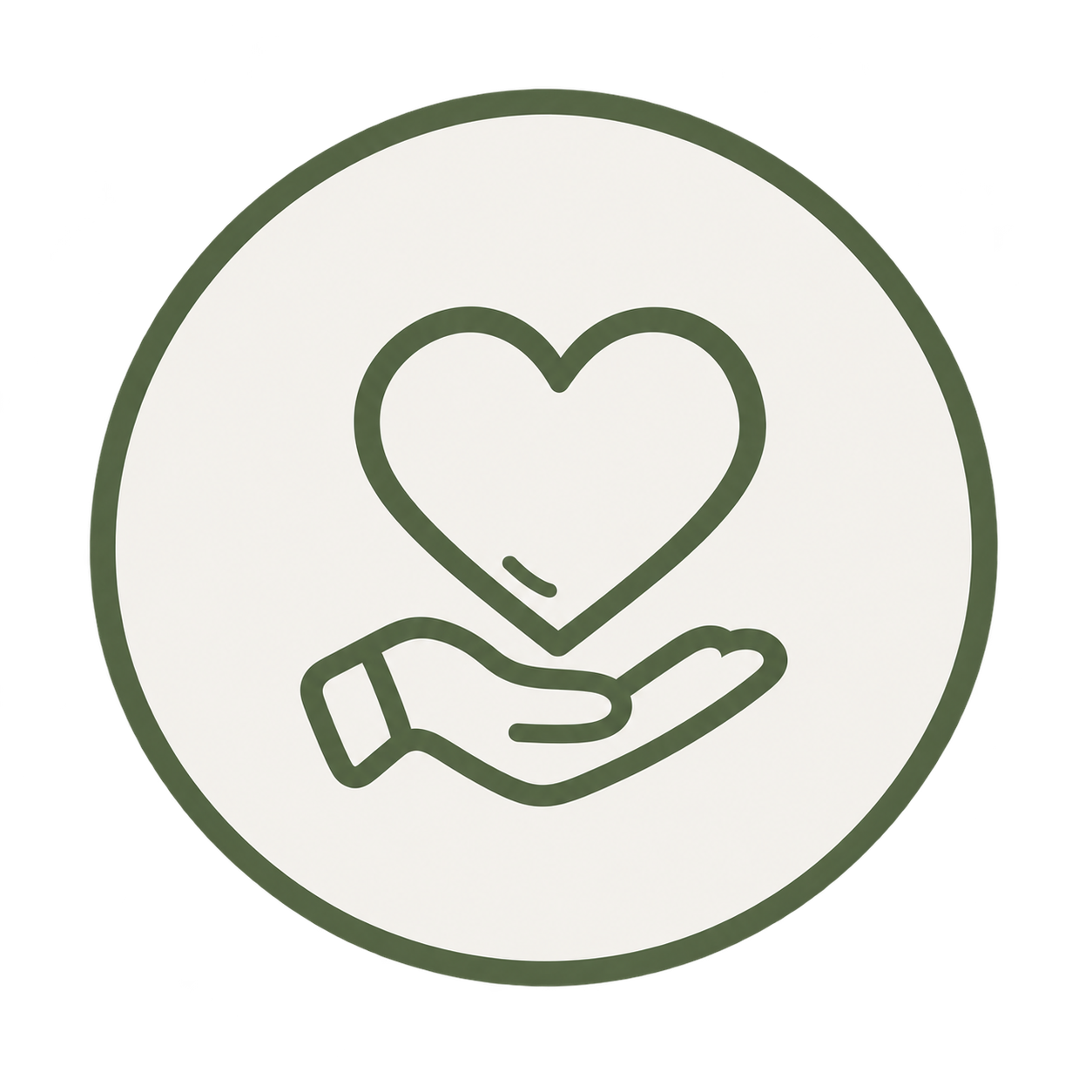 Hand holding a heart icon representing compassionate emotional and informational postpartum doula support.