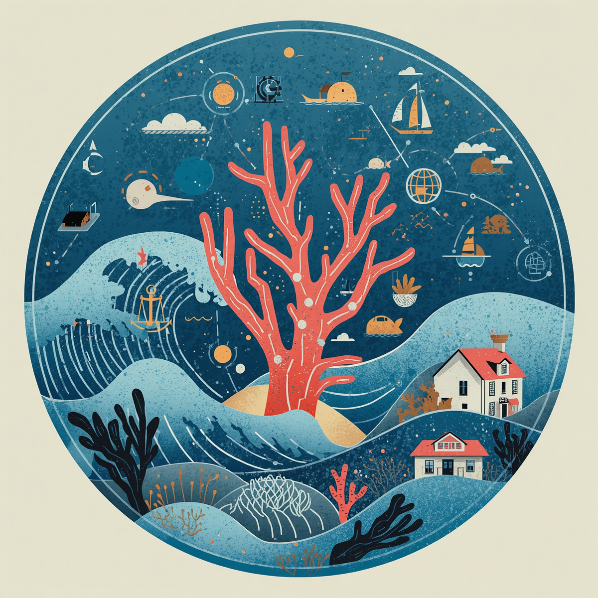 Illustration of an underwater scene with a red coral in the center, surrounding waves, boats, houses, and various marine elements in a circular frame.