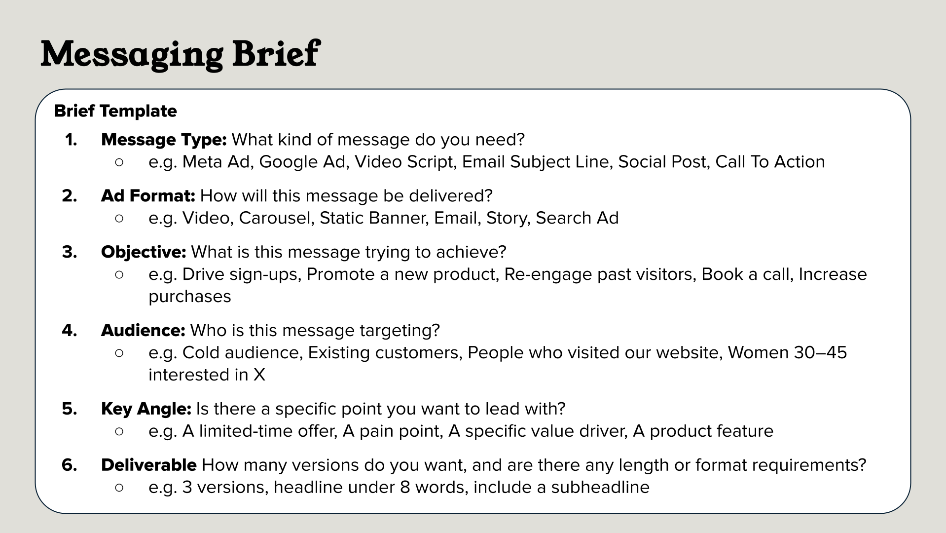 AI messaging brief template outlining message type, format, objectives, target audience, key message angle, and deliverable requirements for marketing content.
