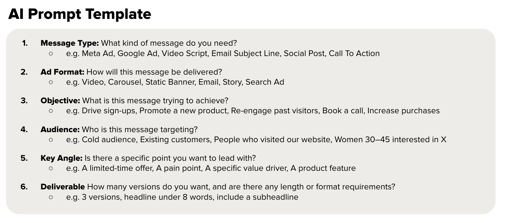 The AI Prompt Template gives you a simple, repeatable way to generate relevant and differentiated messaging using AI.