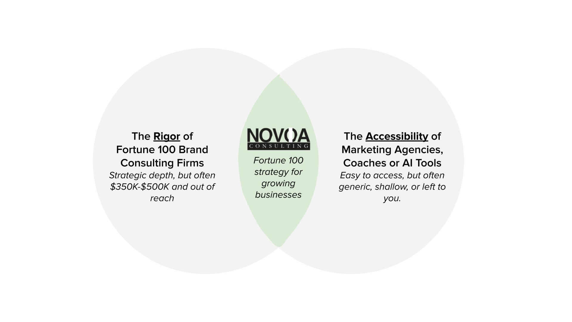 Venn diagram showing how Novoa Consulting combines Fortune 100 brand strategy expertise with the accessibility of marketing agencies and AI tools for growing businesses.