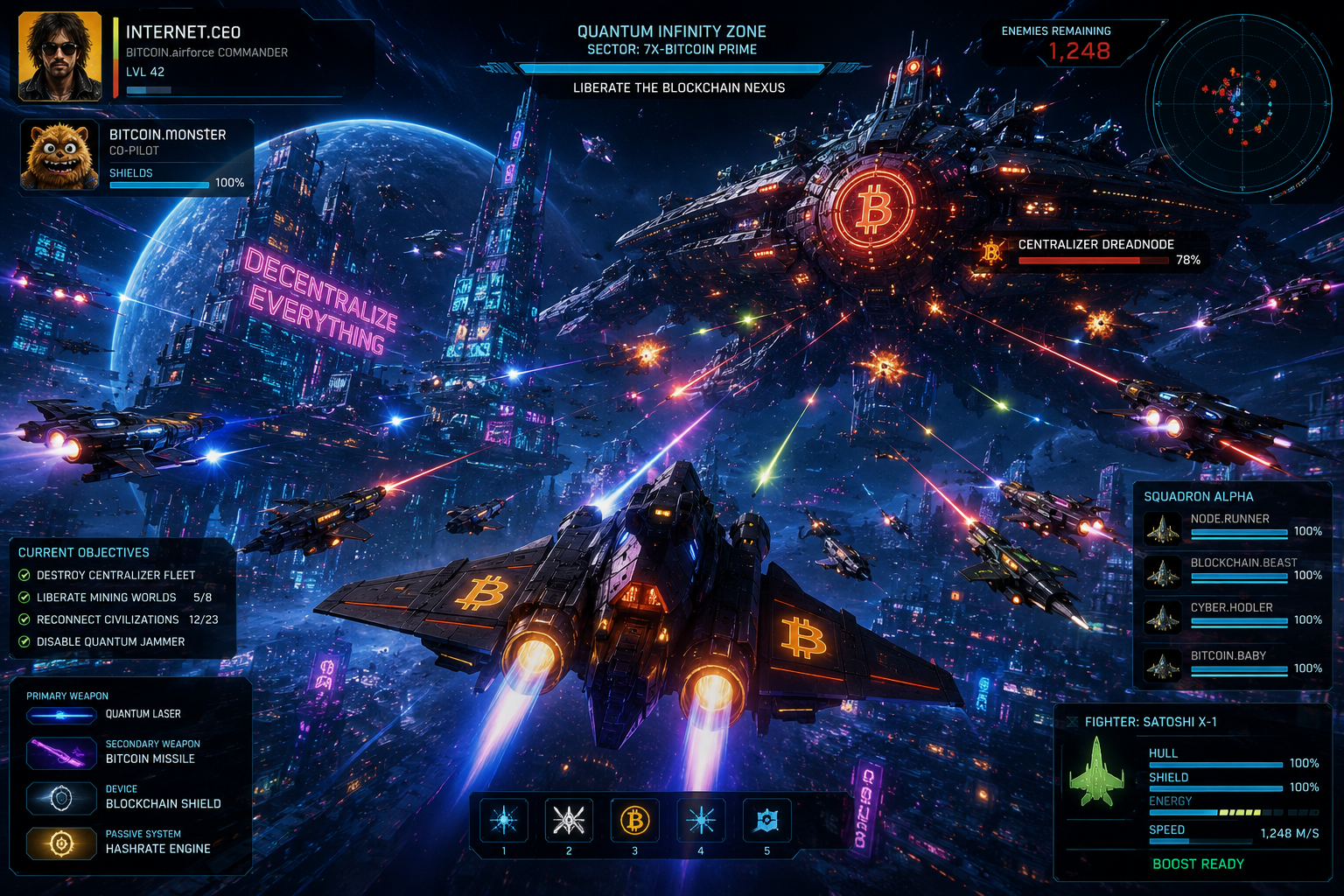 A sci-fi spaceship cockpit display resembling a video game interface, showing a fleet of spacecraft targeting a large enemy ship in space with cityscape background, neon signs, and various mission and weapon stats.
