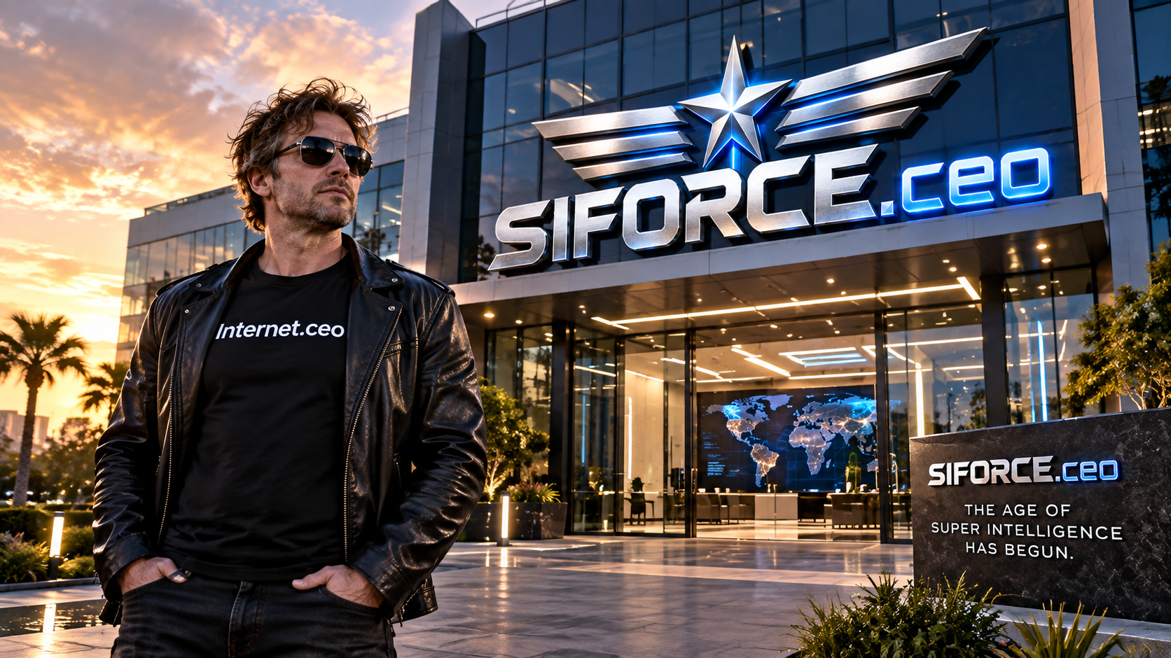 A man wearing sunglasses and a black leather jacket stands in front of the SIFORCE.CEO office building during sunset. He's wearing a black t-shirt with white text reading 'Internet.ceo'. The building features a large illuminated sign with the same branding, a digital screen displaying a world map, and a sign that says 'The age of super intelligence has begun.'