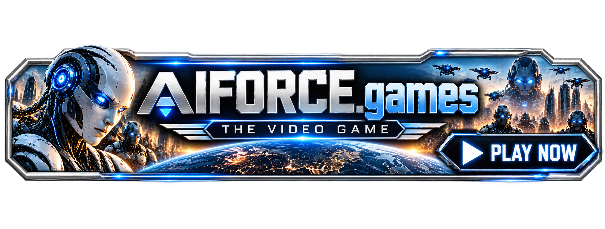 Promotional banner for AIForce.games, a video game featuring futuristic robots and aliens, with a large robot in the foreground, Earth at the bottom, and flying drone-like ships in the background, with a 'Play Now' button.