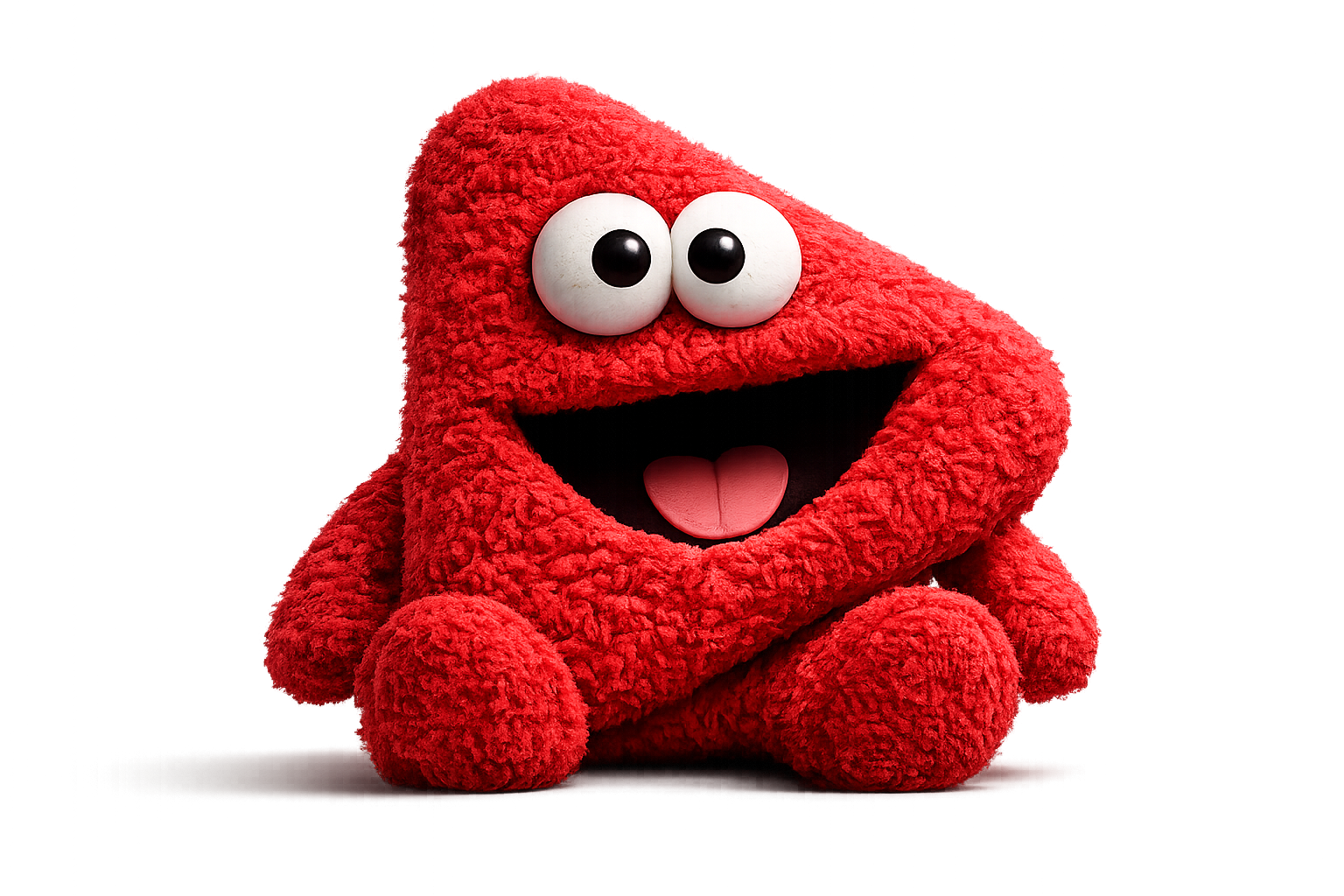 A plush red sock puppet with large googly eyes and a wide open mouth, sitting with its legs crossed.