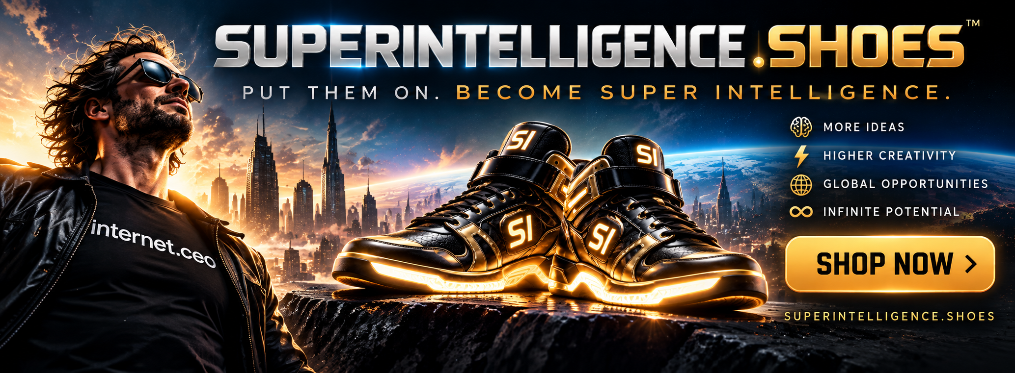 An advertisement promoting superintelligent shoes featuring a futuristic cityscape at sunset, a man with curly hair wearing sunglasses and a black jacket, and a pair of illuminated black and gold sneakers with the logo 'SI'. The ad emphasizes benefits like more ideas, higher creativity, global opportunities, and infinite potential with a 'Shop Now' button.