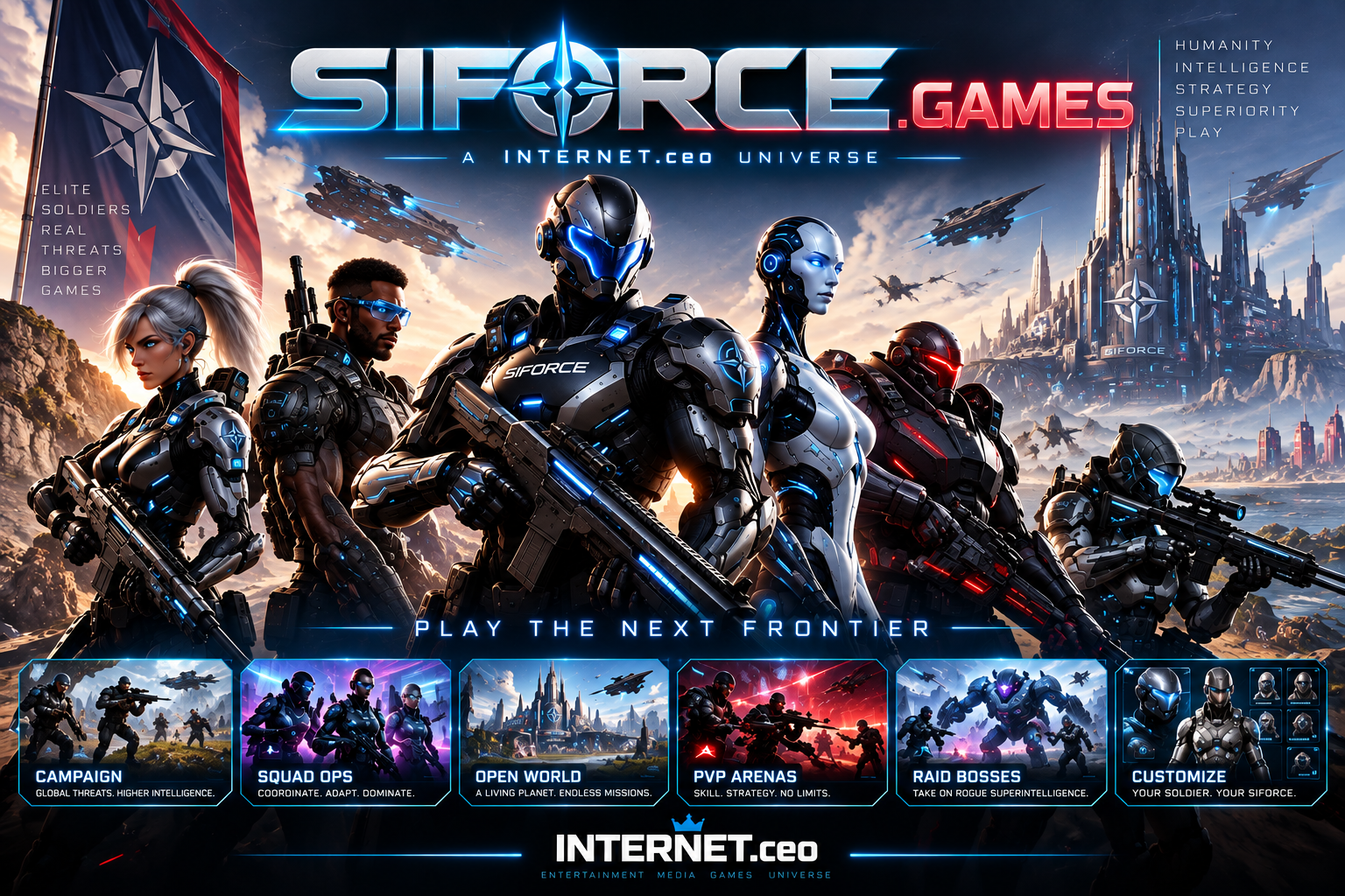 Promotional poster for the SIFORCE.GAMES video game featuring futuristic soldiers in armor wielding weapons, with a sci-fi city and aircraft in the background, and icons for game modes such as campaign, squad ops, open world, PVP arenas, raid bosses, and customize.