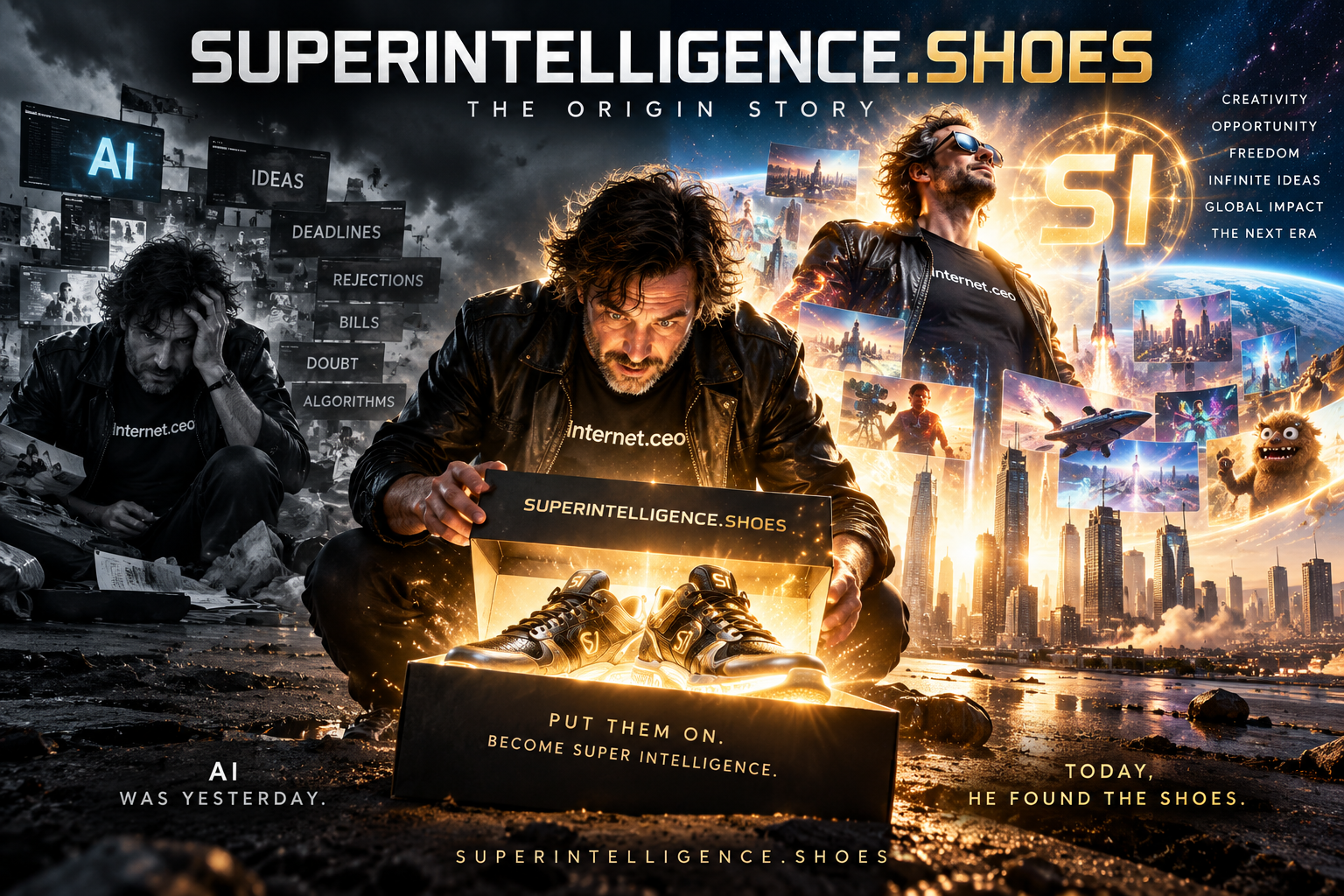A Heroic scene with two men and a pair of shoes from superintelligence.shoes. One man is kneeling in the foreground holding a shoe box, looking intense. The other man stands confidently with arms crossed, in front of a futuristic cityscape and floating images of sci-fi elements. The background is a mix of dark stormy clouds and bright city lights, with Earth visible in the sky. Text reads 'Superintelligence.shoes' and 'Today, he found the shoes.'