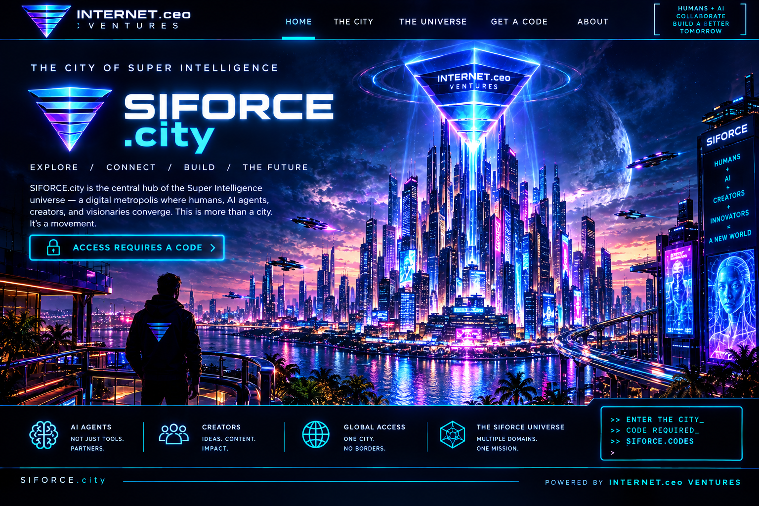 Futuristic digital city skyline at sunset with neon lighting, flying vehicles, and holographic advertisements, representing a high-tech metropolis.  SIFORCE™ is a Trademark of INTERNET CEO VENTURES, Inc