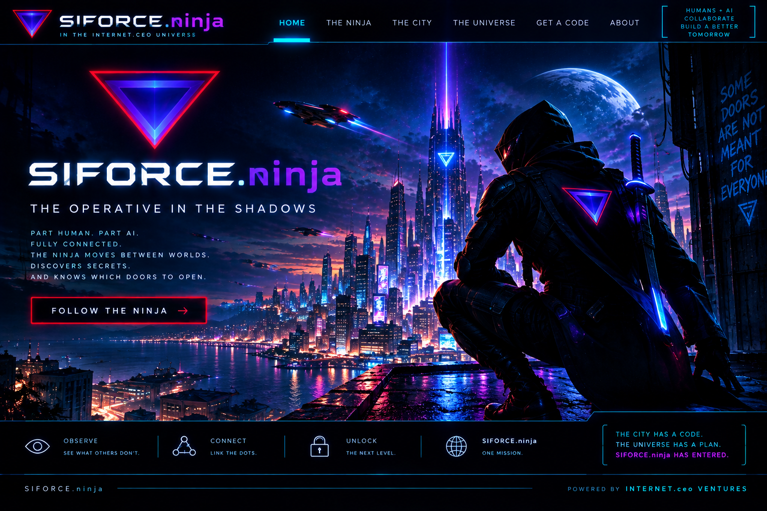 A futuristic cityscape at night with neon lights, flying ships, and a ninja in black armor crouching on a building rooftop, featuring a neon triangular emblem on their back. The scene includes a large glowing planet in the sky and cyberpunk elements.