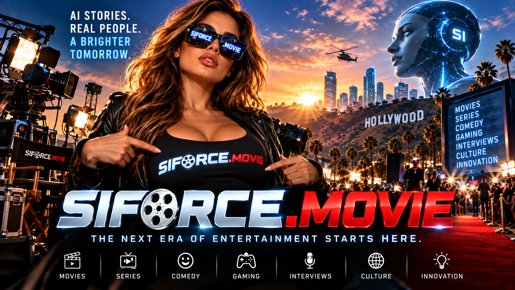 Promotional poster for SIFIORCE.MOVIE featuring a woman with sunglasses pointing to her shirt, a cityscape at sunset, a large sculpture of a robot head, and a Hollywood sign. Text highlights entertainment categories like movies, series, comedy, gaming, interviews, culture, and innovation.