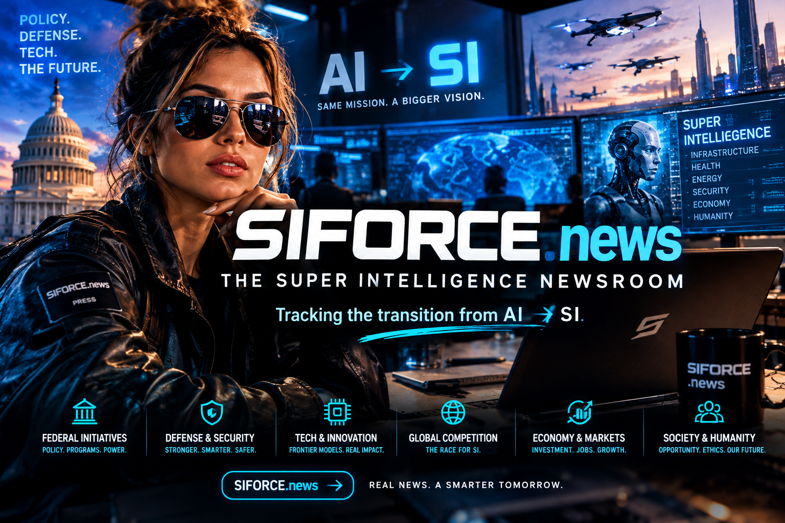 A woman wearing sunglasses and a leather jacket sitting at a desk with multiple screens displaying futuristic graphics, cityscapes, and information related to artificial intelligence and superintelligence, with the U.S. Capitol building and a sunset sky in the background.
