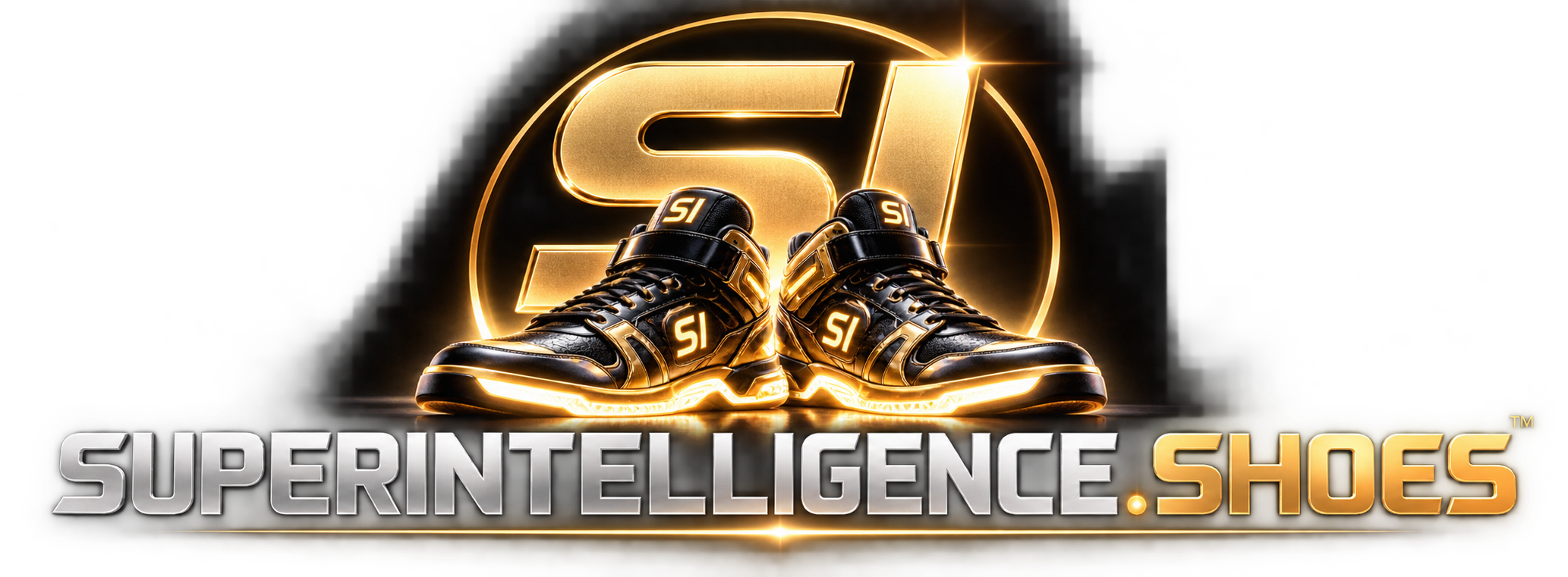 Black and gold sneakers with glowing soles in front of a large gold 'S' logo and the words 'Superintelligence Shoes' in metallic silver and gold text.  SIFORCE™ is a Trademark of INTERNET CEO VENTURES, Inc