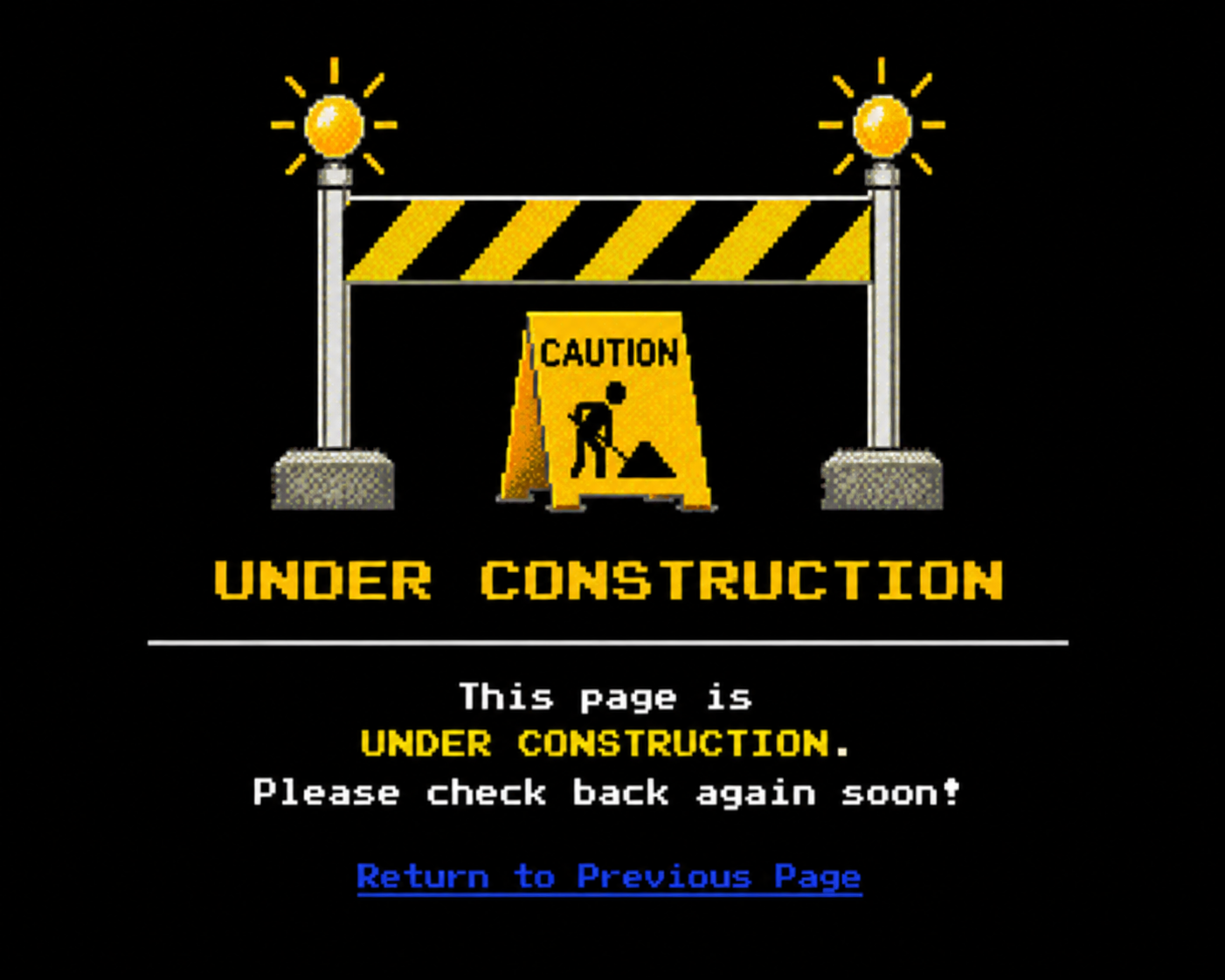 A digital webpage that indicates a site is under construction, featuring caution signs, warning lights, and text.