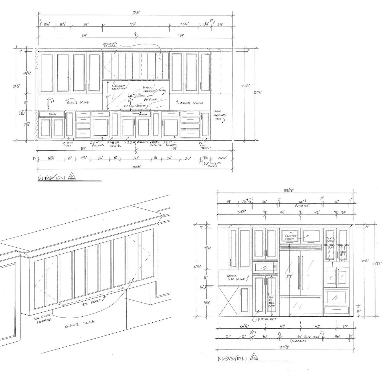 Architectural blueprint of kitchen cabinets with detailed measurements and design notes.
