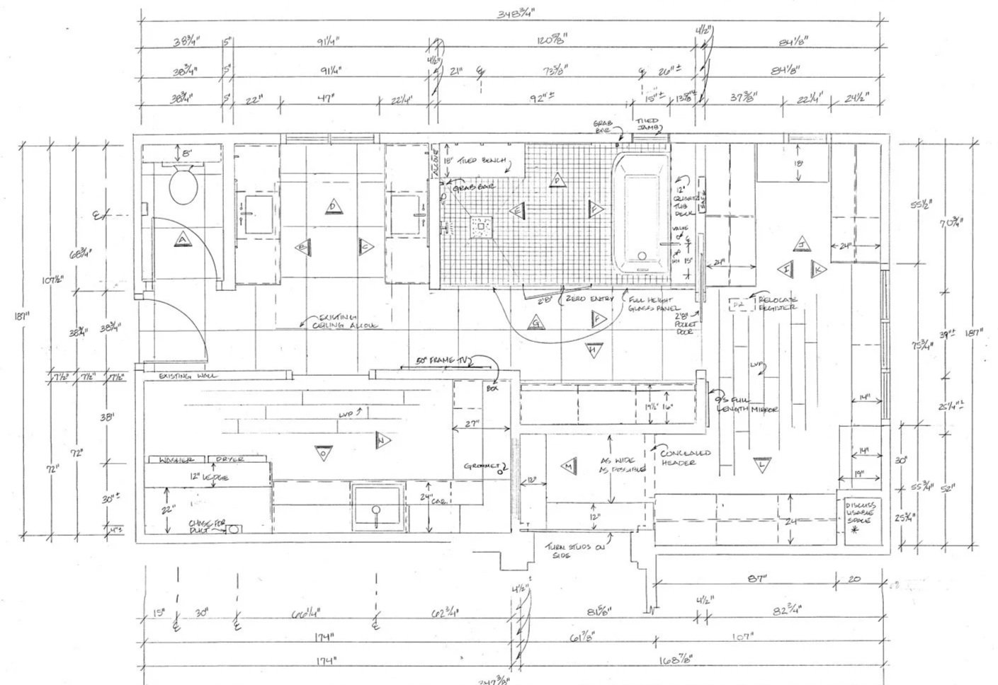 A detailed architectural floor plan drawing for a building or house, showing room layouts, measurements, and structural elements.
