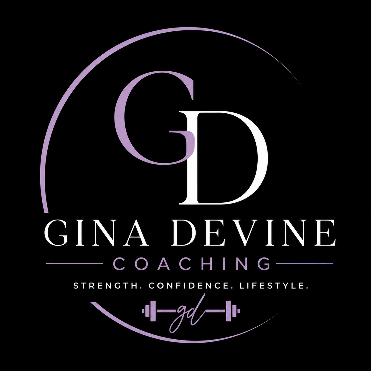 Logo for Gina Devine Coaching featuring large G and D letters, purple arc, and barbell icon with 'gd' initials. Text areas say 'Gina Devine Coaching', 'Strength. Confidence. Lifestyle.', with purple and white accents on a black background.