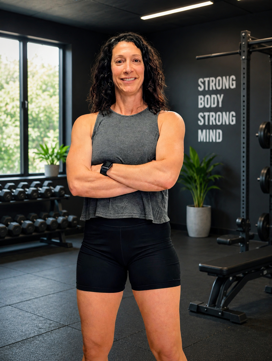 A woman with curly dark hair in workout attire standing in a gym with arms crossed, smiling. Behind her, weightlifting equipment and a sign that reads 'STRONG BODY STRONG MIND' are visible, along with large windows and potted plants.