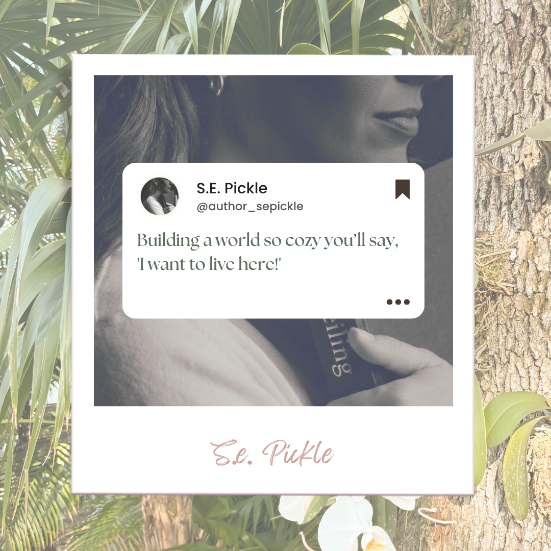 A digital graphic design features a woman reading a book surrounded by greenery, with a quote overlay and casual handwritten style text reading "S.E. Pickle" at the bottom.